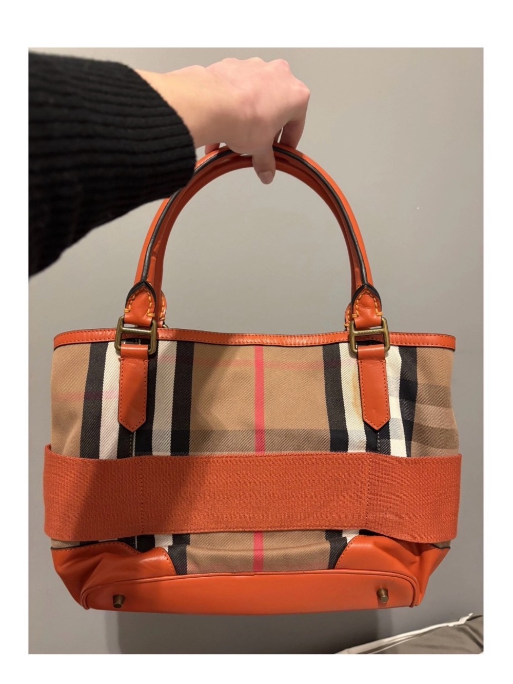 Burberry Nova Check Orange Leather Trim Canvas Tote Shoulder Bag Brass Hardware - Picture 2 of 13